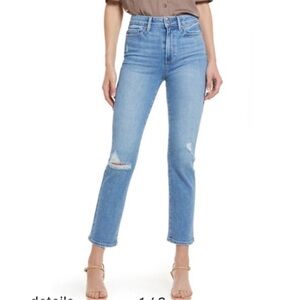 PAIGE “Cindy” Light Blue Straight Leg distressed Jeans in Speak Easy